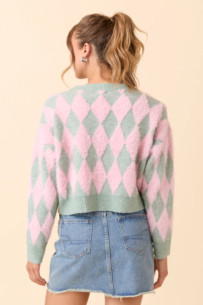 Long Sleeve Pink and Mint Argyle Cardigan