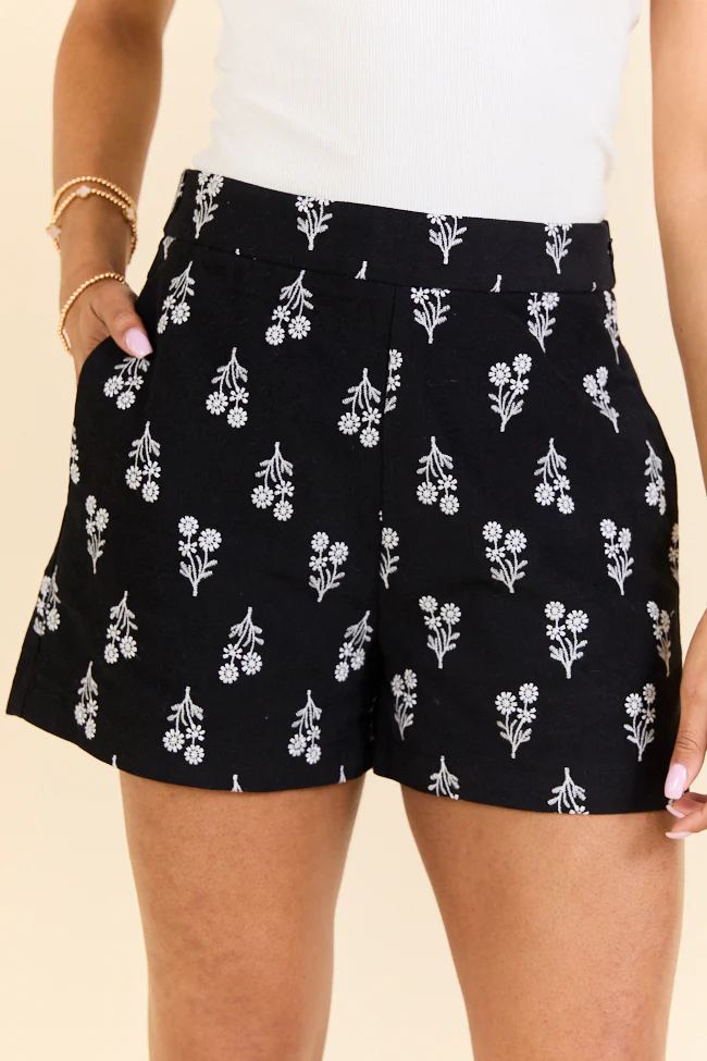 Iconic Black and White Floral Embroidered Shorts